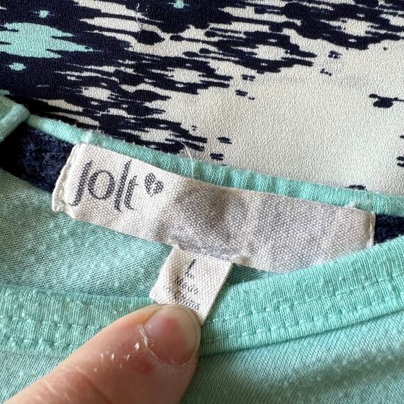 Jolt Womens Blouse Shirt Top Geo Print Pullover Short Sleeve Blue Teal Large - Picture 7 of 9